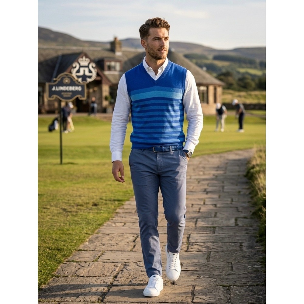 J.Lindeberg Gunder True Merino Wool Golf Sweater Vest Blue Striped Mens L